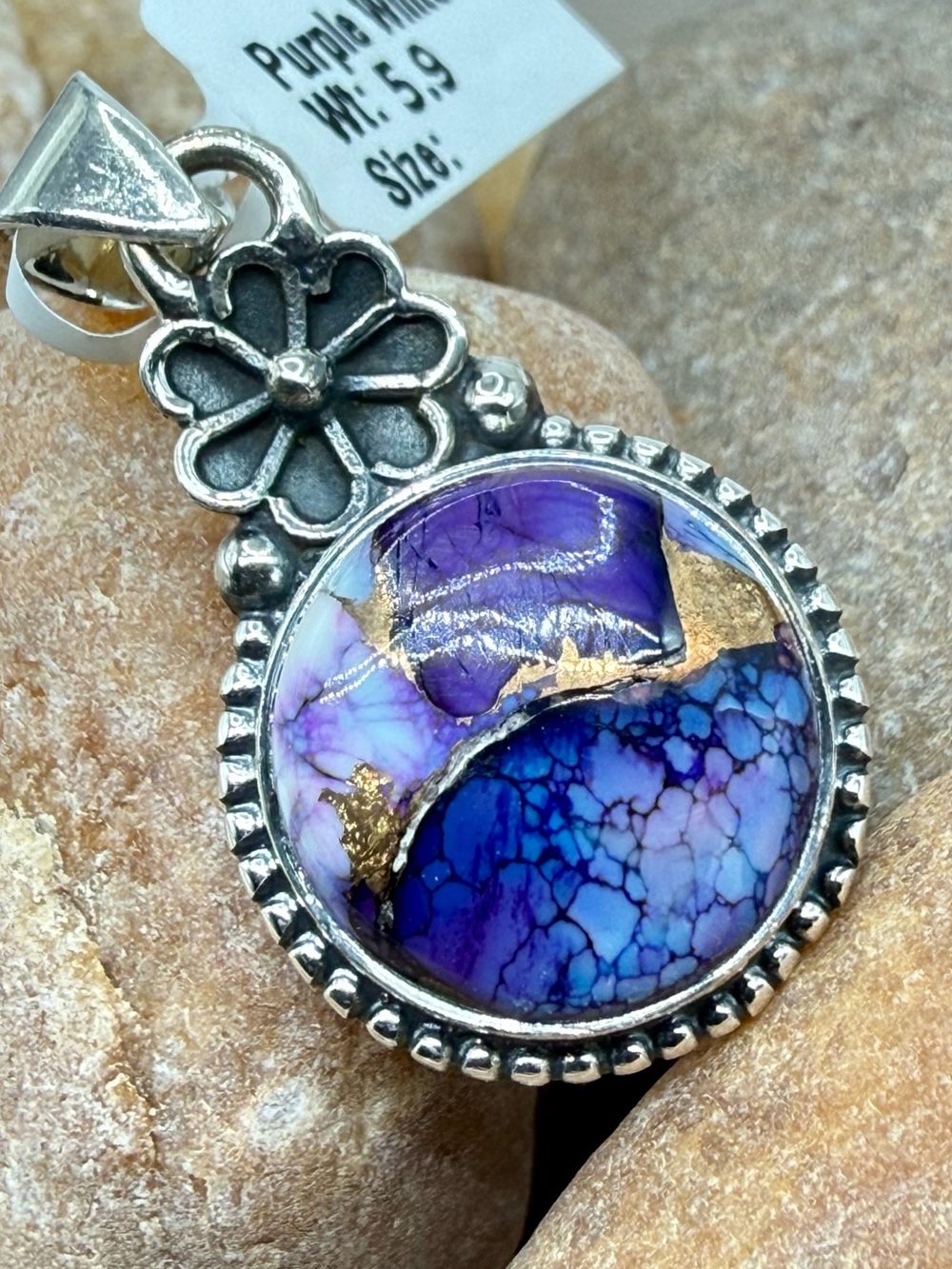 NWT Sterling Silver Purple Dahlia Pendant 925 Floral Artisan 2” Southwest Boho - Picture 9 of 17